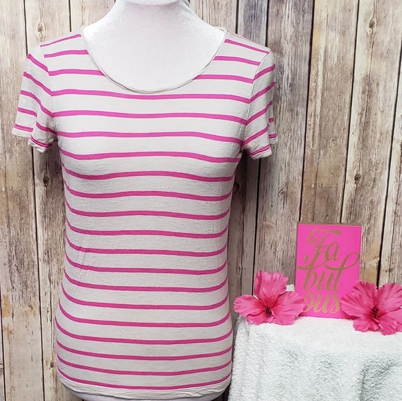LOFT Tops - LOFT Pink & grayish-tan striped short sleeve top